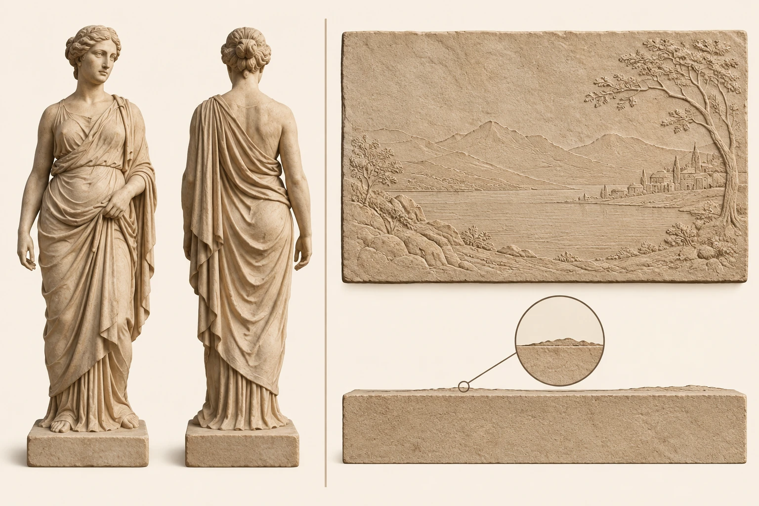 Statua generica vista da fronte e retro; accanto, paesaggio inciso in una lastra quasi piatta e sezione schematica che mostra una piccola sporgenza.