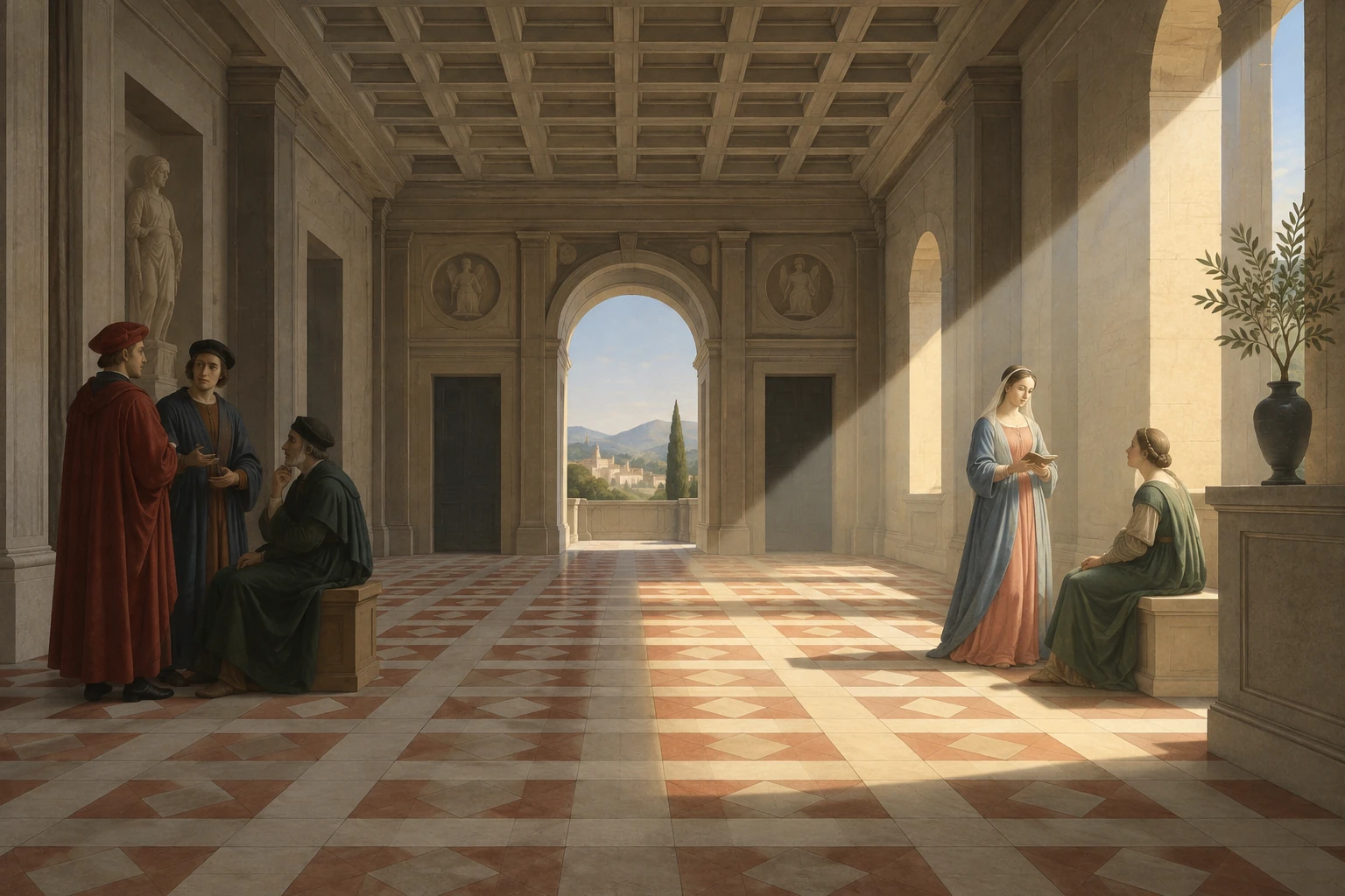 Scena inventata in un interno geometrico con gruppi separati e luce laterale; non è un dipinto di Piero della Francesca.