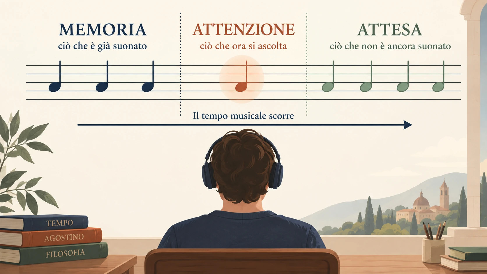 Una melodia è divisa in tre note già udite e ricordate, una nota ascoltata ora e quattro note ancora attese.