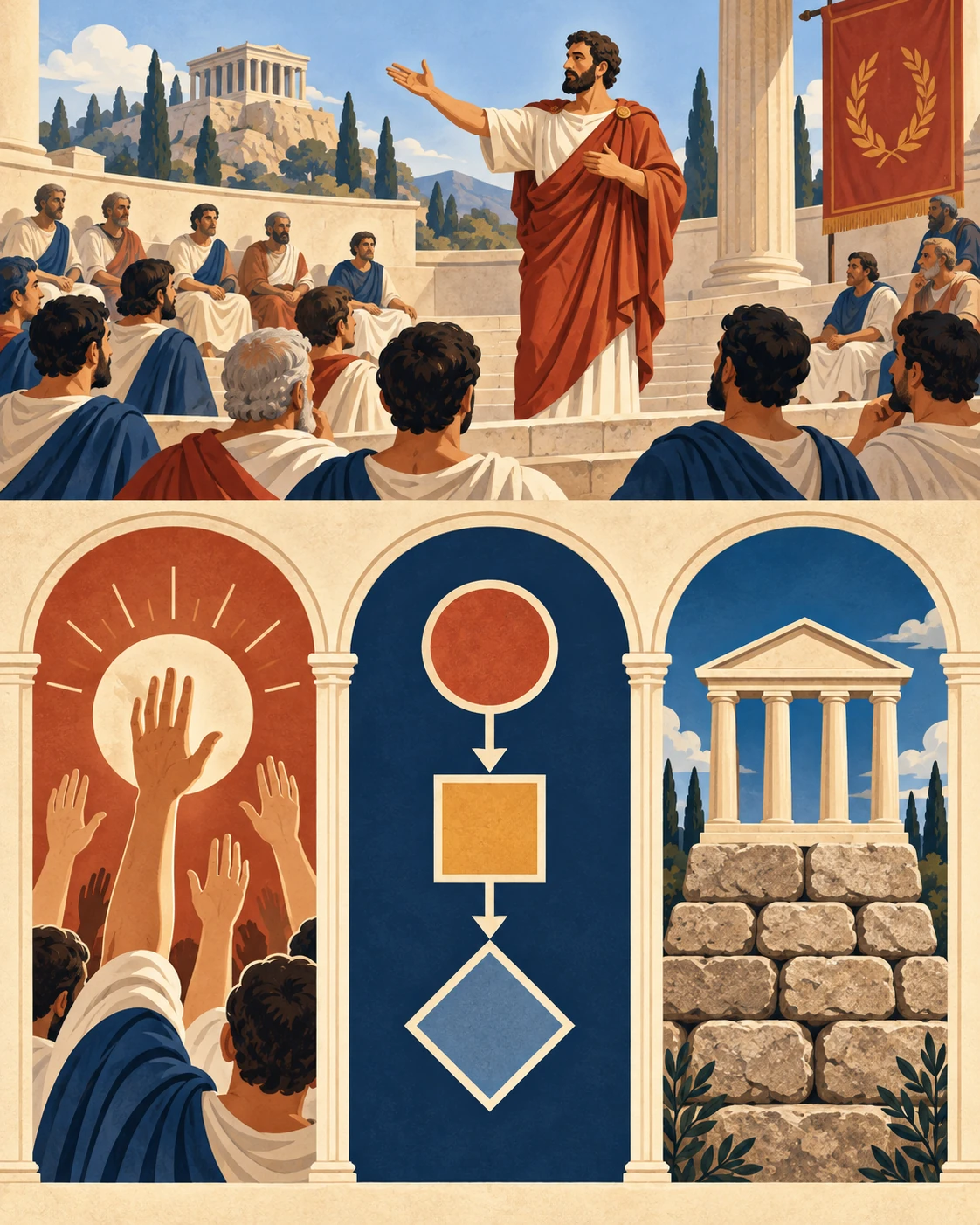 Assemblea civica generica sopra tre riquadri distinti: mani alzate per la persuasione, passaggi di forme per la validità dell'inferenza, e una base di pietre per la solidità delle premesse.