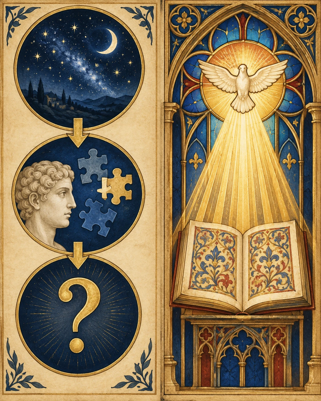 Due percorsi separati: a sinistra il cielo osservato conduce a un ragionamento e poi a un punto interrogativo; a destra un libro illuminato rappresenta la rivelazione.