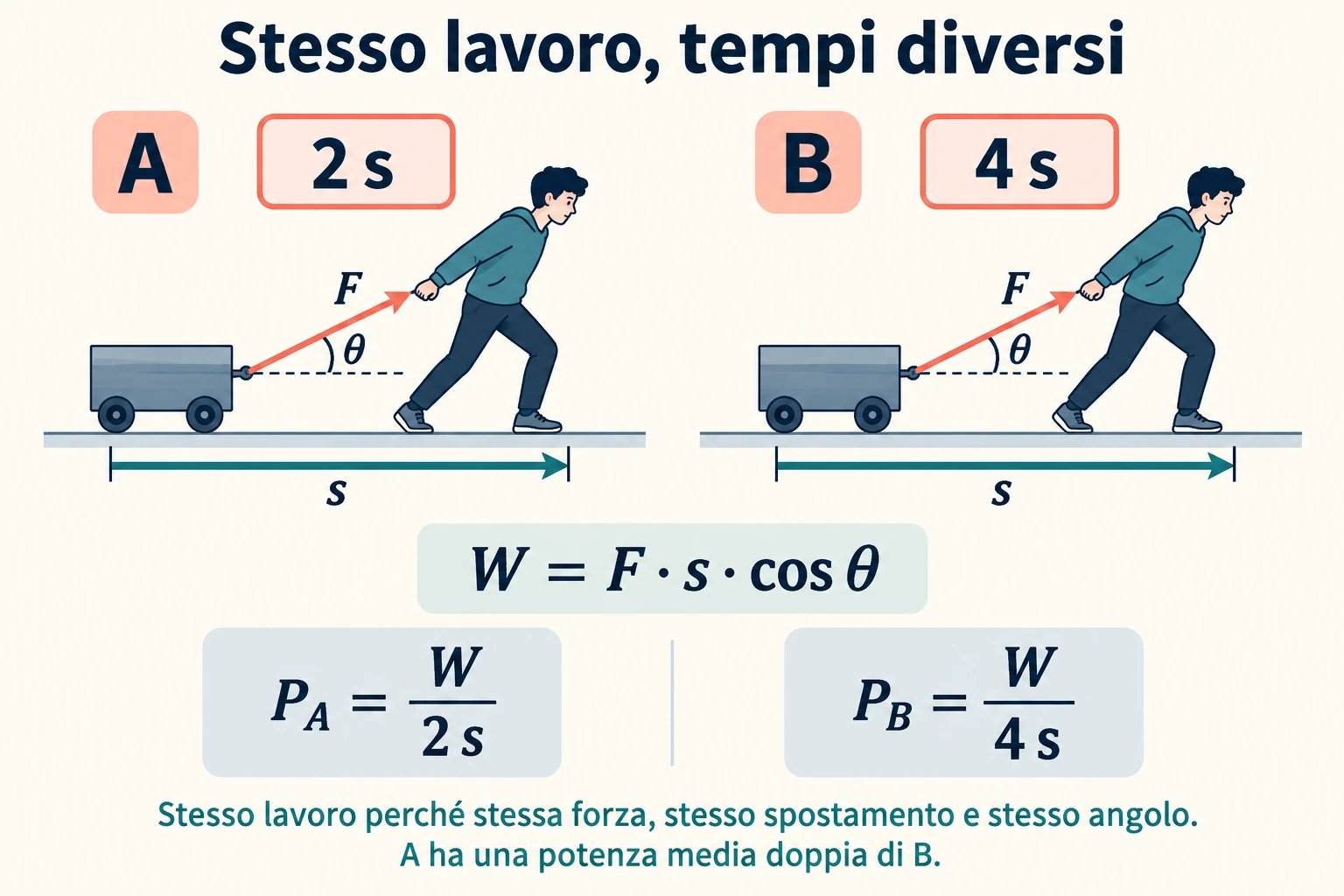 Due carrelli sono trainati con uguale forza inclinata e uguale spostamento; A impiega 2 s, B 4 s. Il lavoro è uguale e la potenza media di A è doppia.