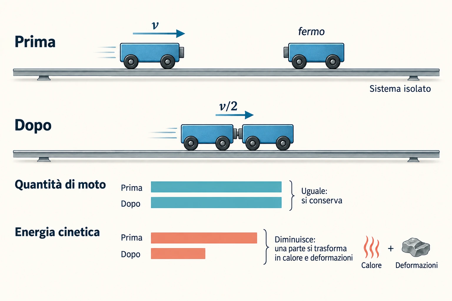 Due carrelli di uguale massa: uno arriva con velocità v, l'altro è fermo; dopo l'urto anelastico restano uniti a v/2. Le barre mostrano quantità di moto invariata ed energia cinetica dimezzata.