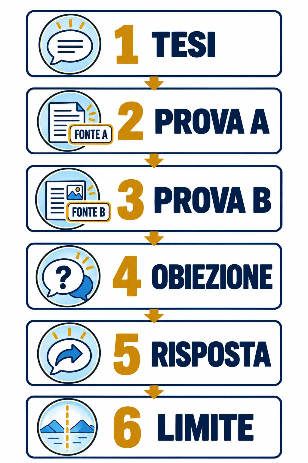 Sei riquadri numerati e collegati in ordine verticale: tesi, prova A con fonte A, prova B con fonte B, obiezione, risposta e limite.