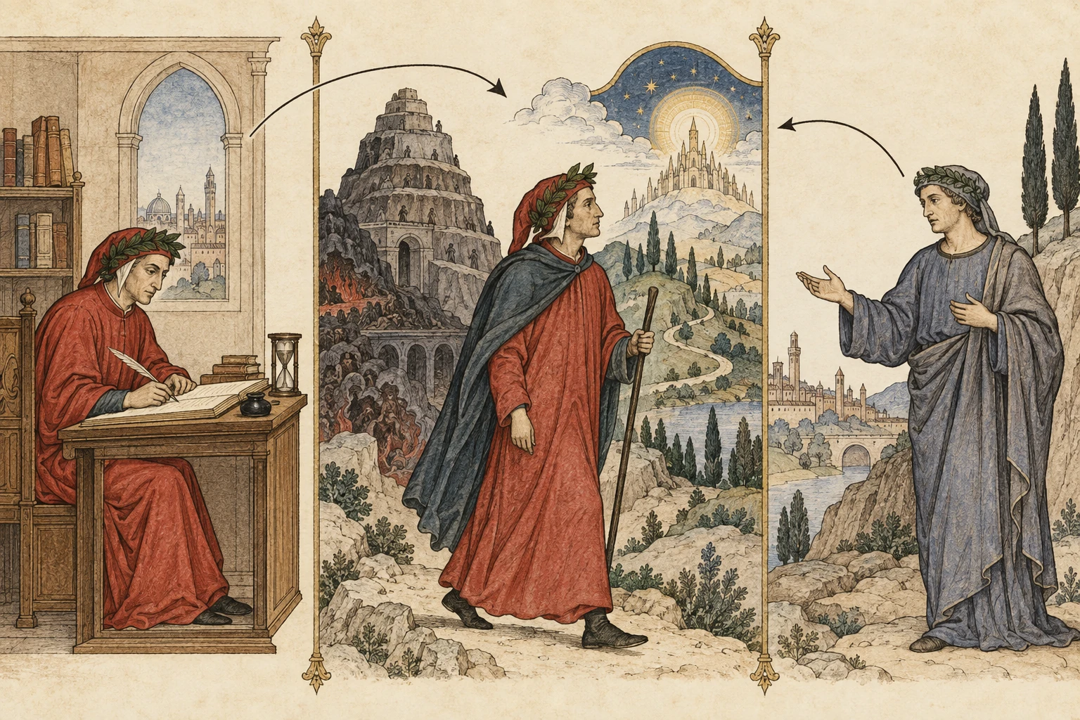 Tre scene distinguono Dante che racconta, il viaggiatore nel canto e un interlocutore incontrato nel viaggio.