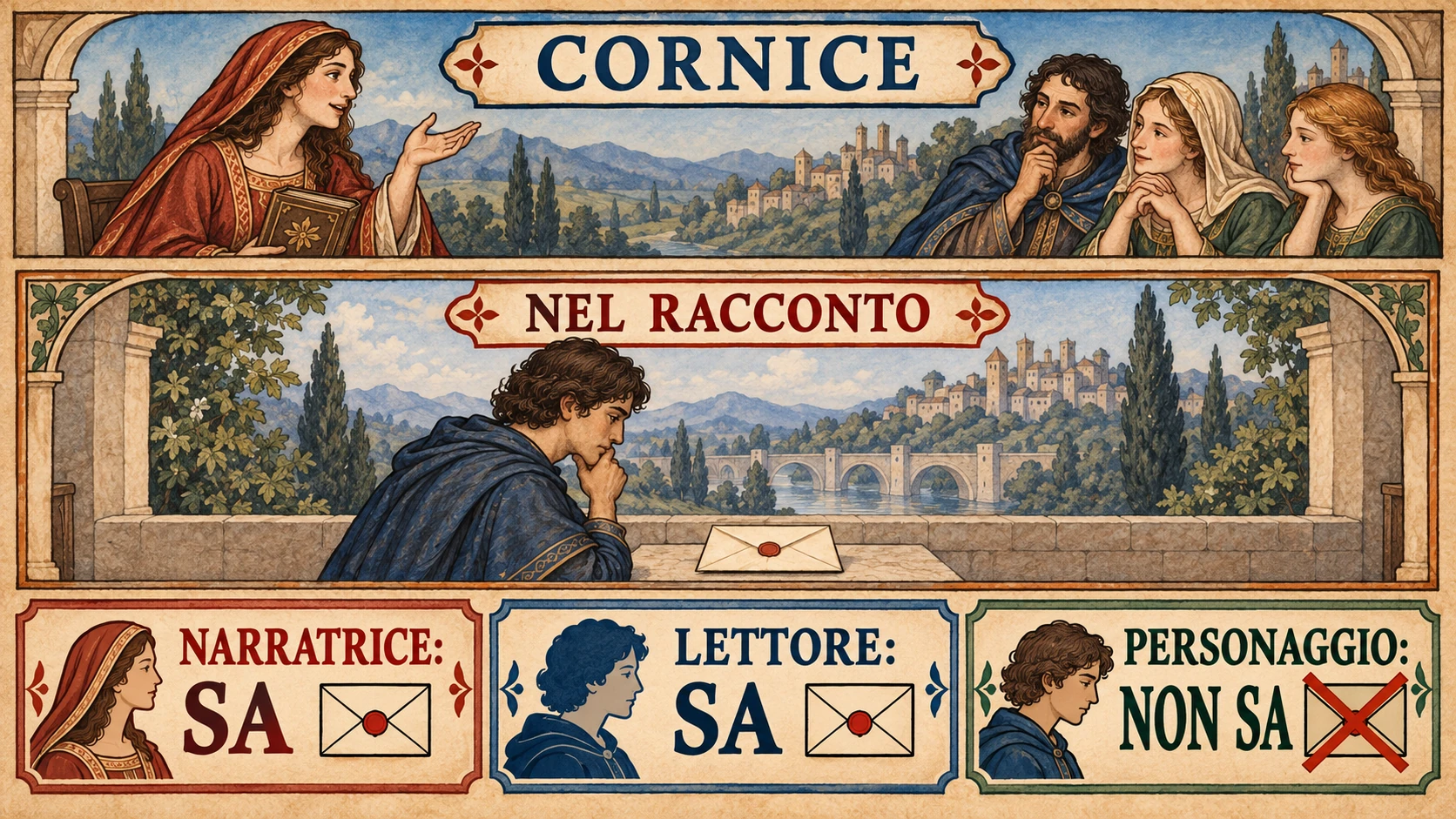 Una narratrice racconta nella cornice una scena con lettera: nel caso inventato, narratrice e lettore la conoscono, il personaggio no.