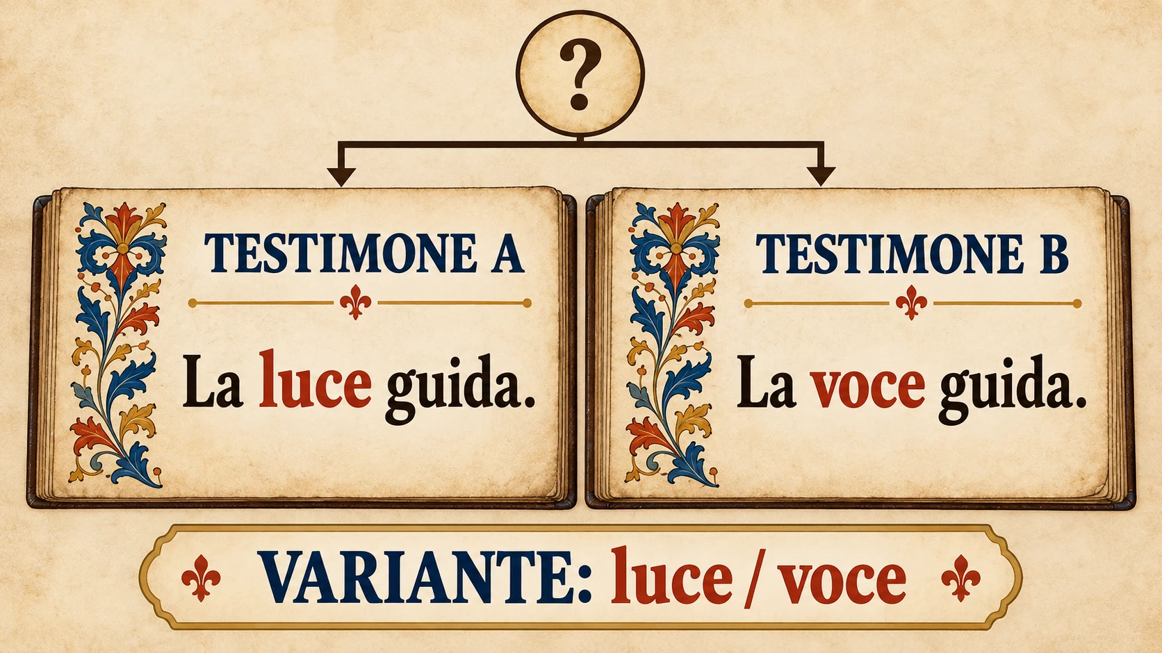 Due testimoni manoscritti ipotetici discendono da un antenato comune: A legge «La luce guida», B «La voce guida»; luce e voce sono le varianti evidenziate.