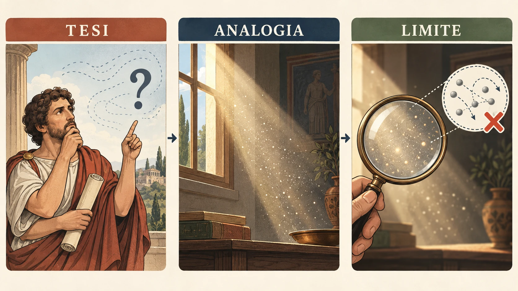 Tre pannelli mostrano tesi, polvere illuminata come analogia e limite: la polvere visibile non è osservazione diretta degli atomi.