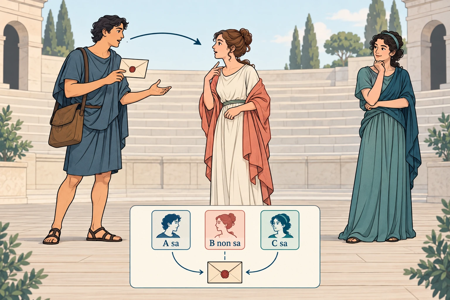 Scena didattica autonoma con tre persone e una lettera. I riquadri indicano 'A sa', 'B non sa' e 'C sa' rispetto a un'informazione non precisata; non identificano i ruoli del caso Lina-Marco-Sara.