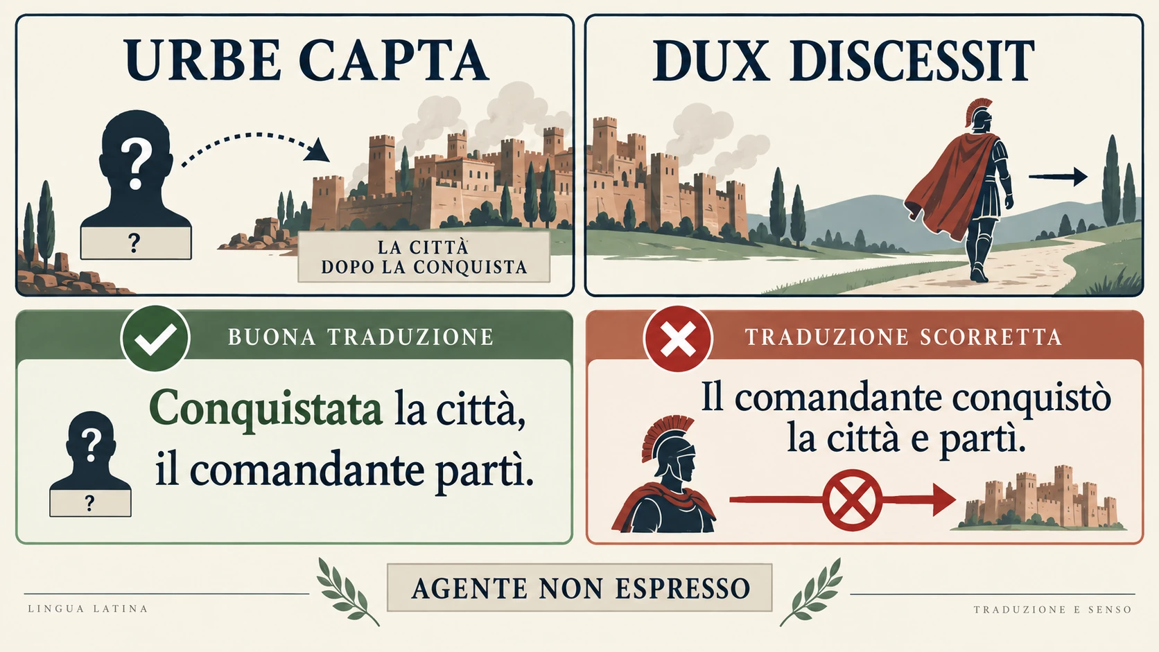 La frase didattica «urbe capta, dux discessit» affianca una resa che lascia ignoto chi conquistò la città e una resa errata che attribuisce la conquista al comandante.