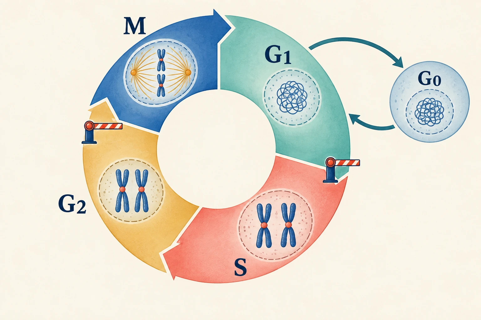 Anello del ciclo G1-S-G2-M con checkpoint e ramo G0.