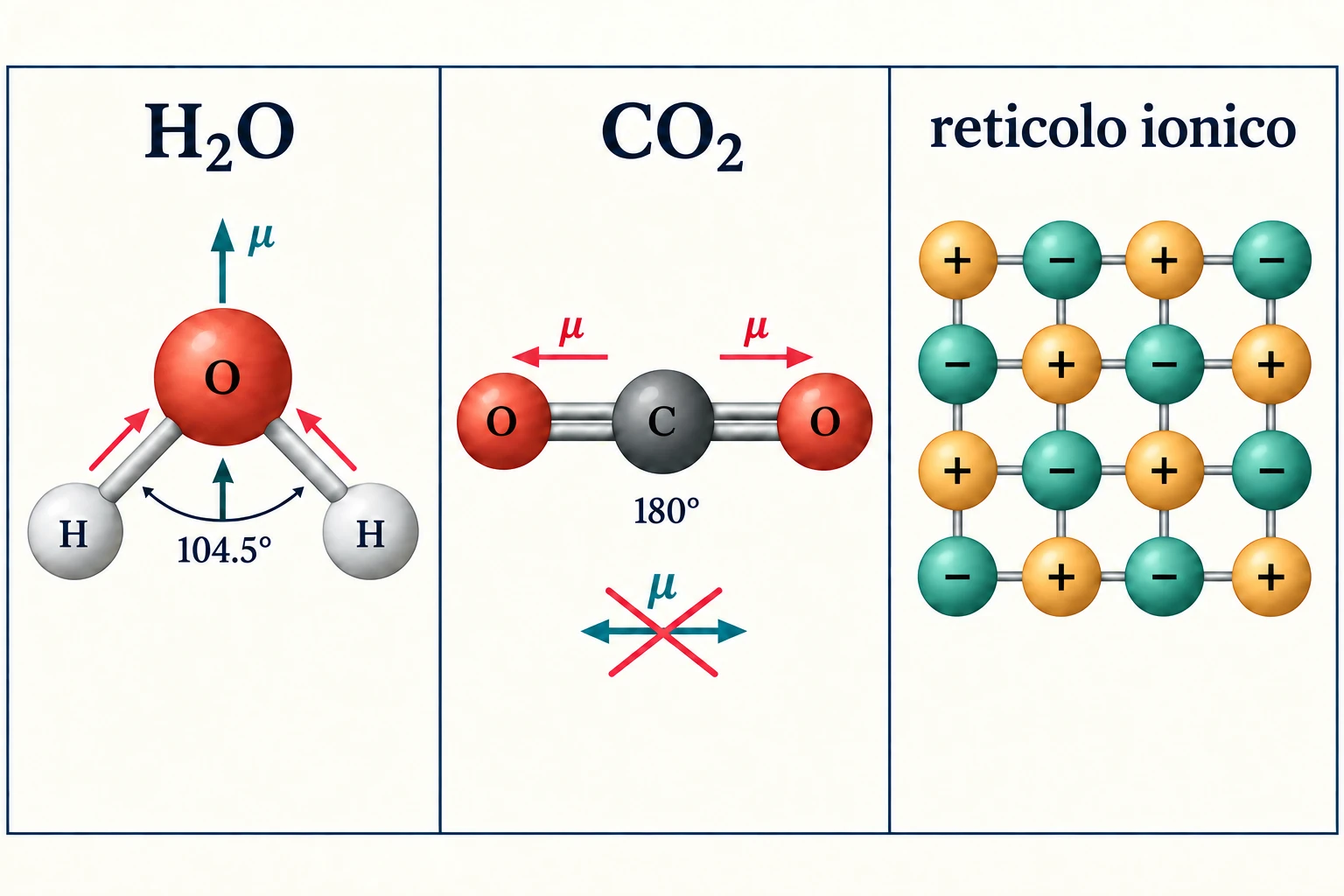 Confronto schematico fra H₂O piegata, CO₂ lineare e reticolo ionico.