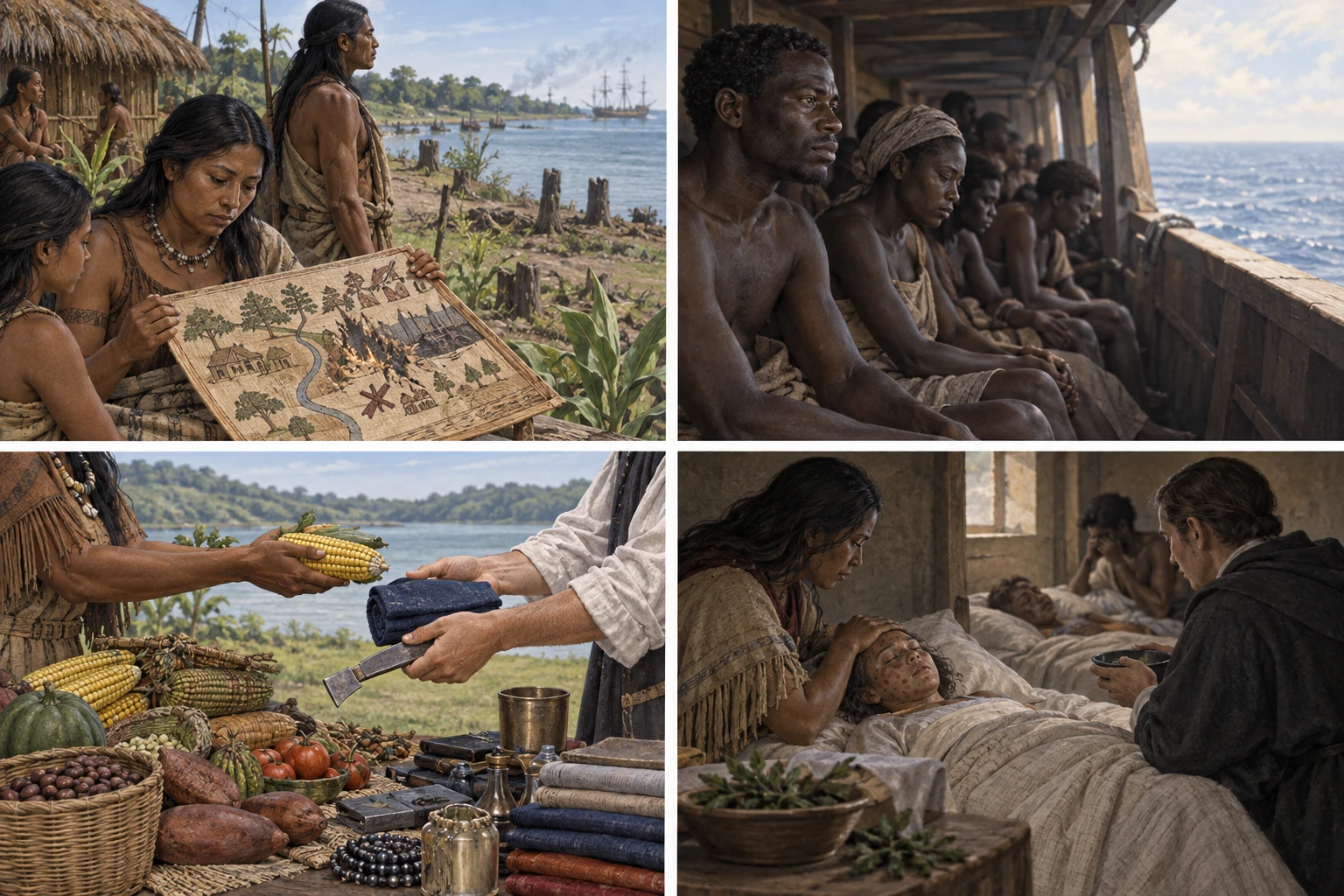 Quattro scene: comunità indigena con una carta, africani deportati su una nave, beni scambiati e cura di una persona malata.
