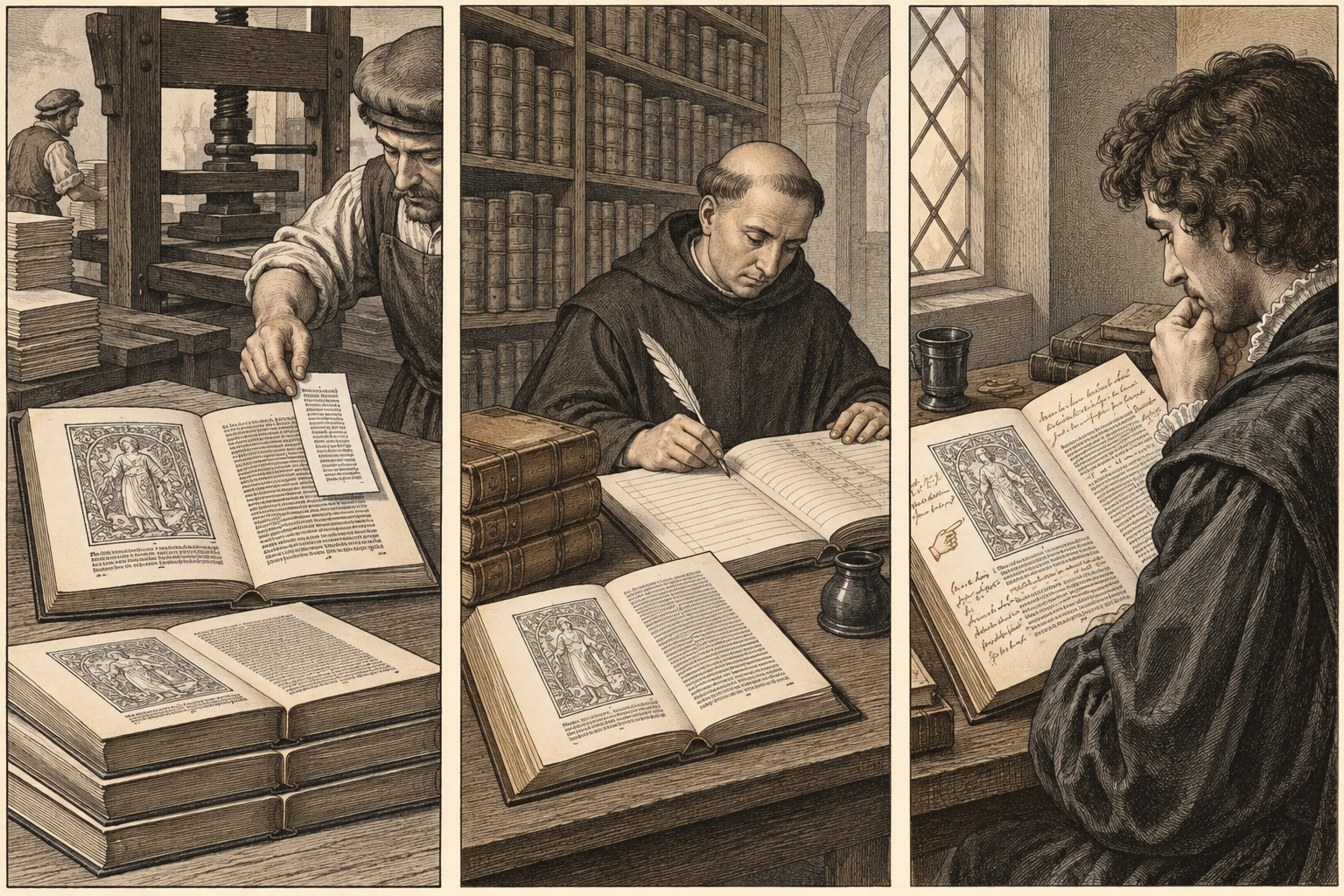 Tre scene affiancate: un tipografo stampa un libro, un inventario lo registra, un lettore annota una copia.