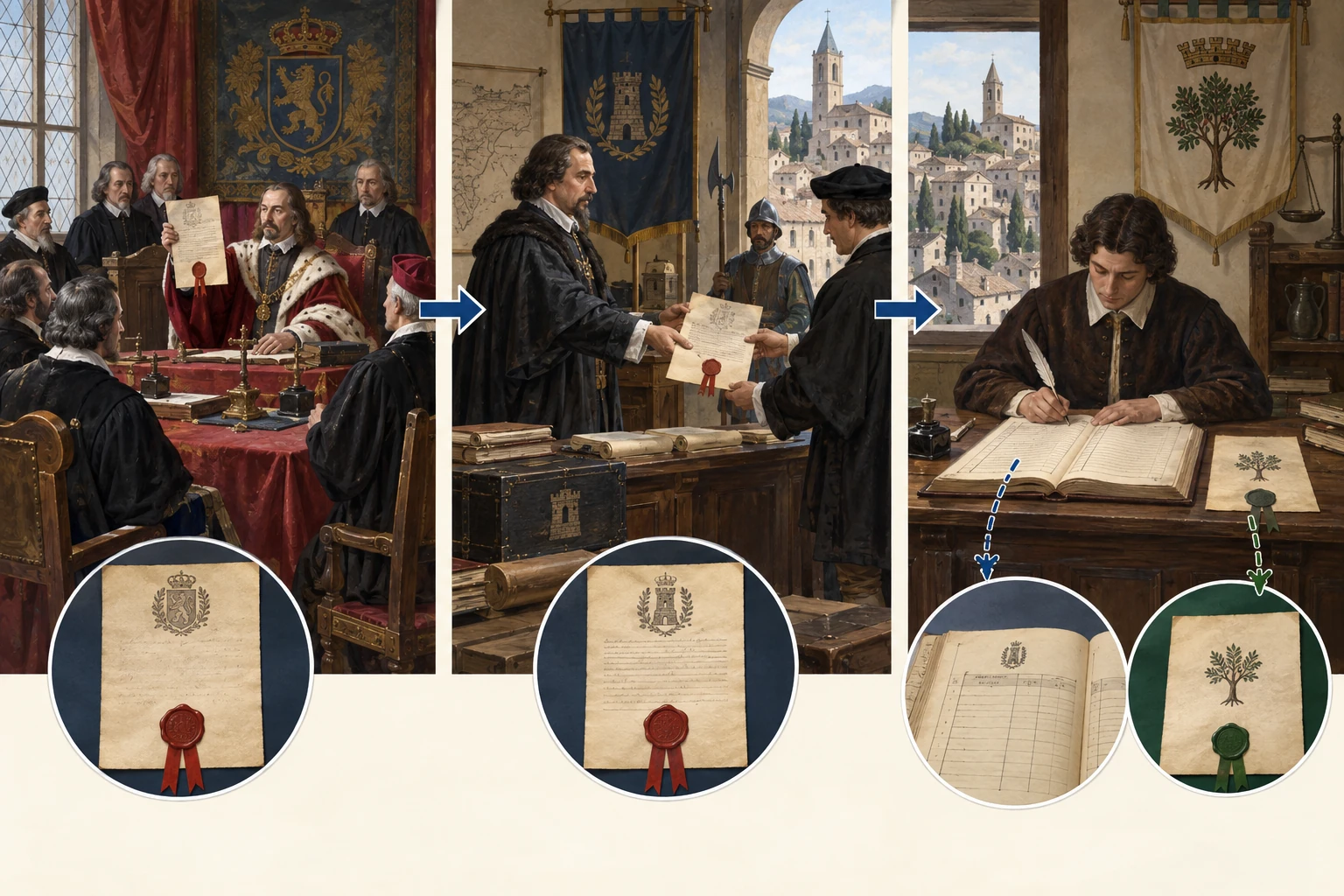 Tre scene affiancate: il sovrano presenta un ordine, un funzionario lo riceve e un impiegato compila un registro locale.