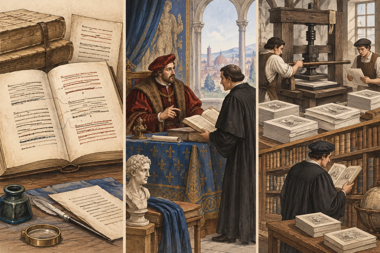 Tre scene affiancate: manoscritti con correzioni, incontro fra studioso e signore, stampa e lettura di libri.