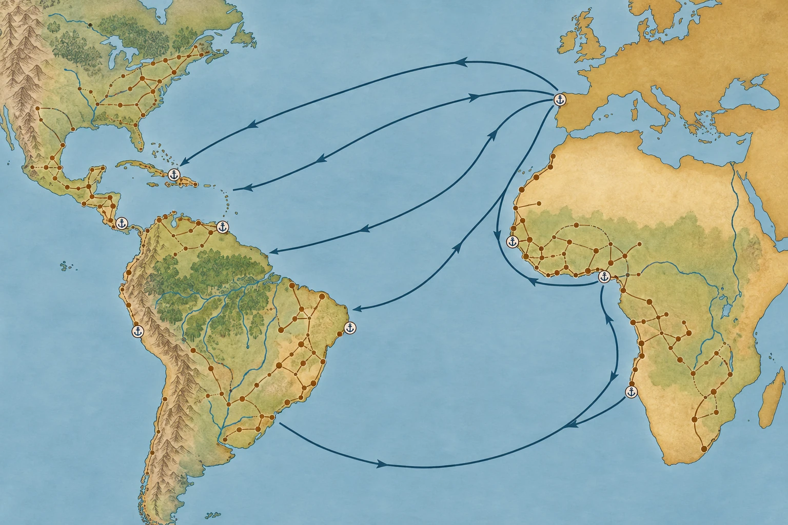 Carta schematica dell'Atlantico con frecce oceaniche fra Europa, Africa e Americhe e reti di percorsi tracciate sulla terraferma.