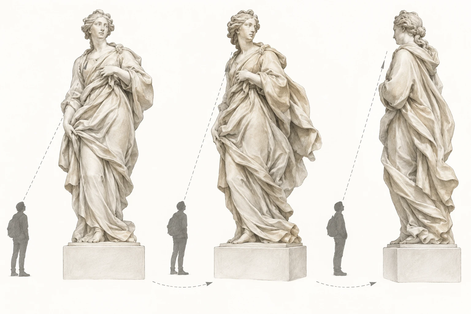 Tre viste di una statua drappeggiata generica: il profilo cambia con il punto di osservazione. Non riproduce un'opera di Bernini.