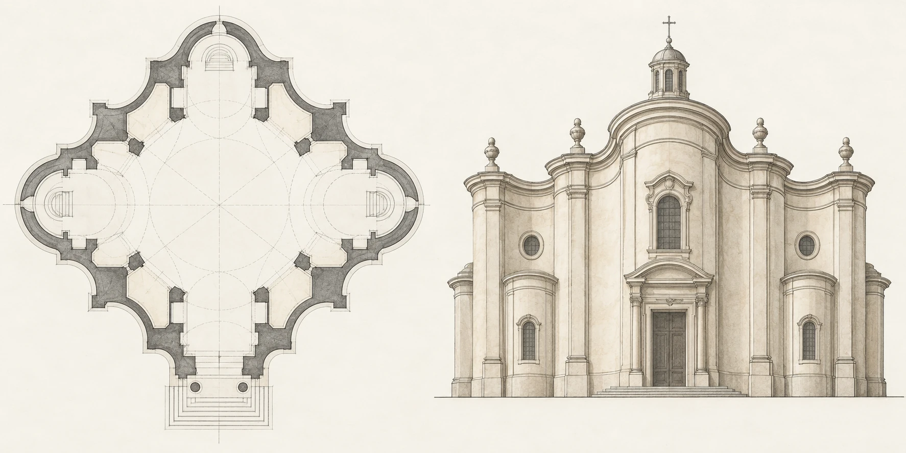 Pianta e facciata concettuali con curve concave e convesse; non sono un rilievo di San Carlo alle Quattro Fontane.