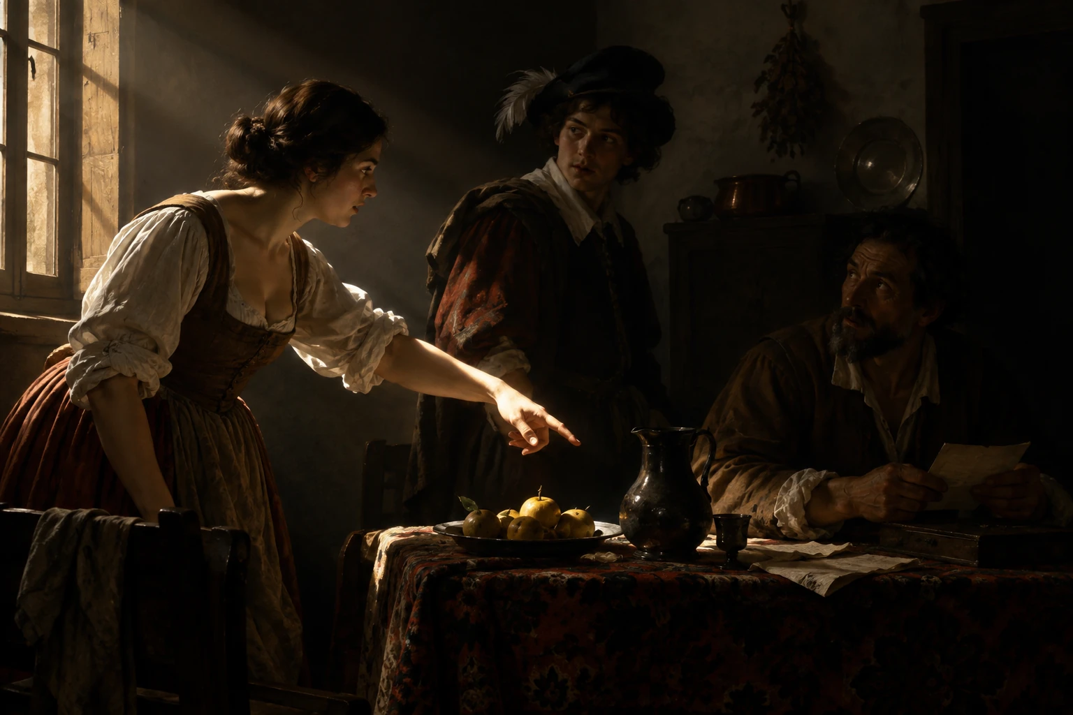 Scena inventata con luce laterale su mano, tavola e volti e fondo in ombra; illustra il chiaroscuro, non un quadro di Caravaggio.