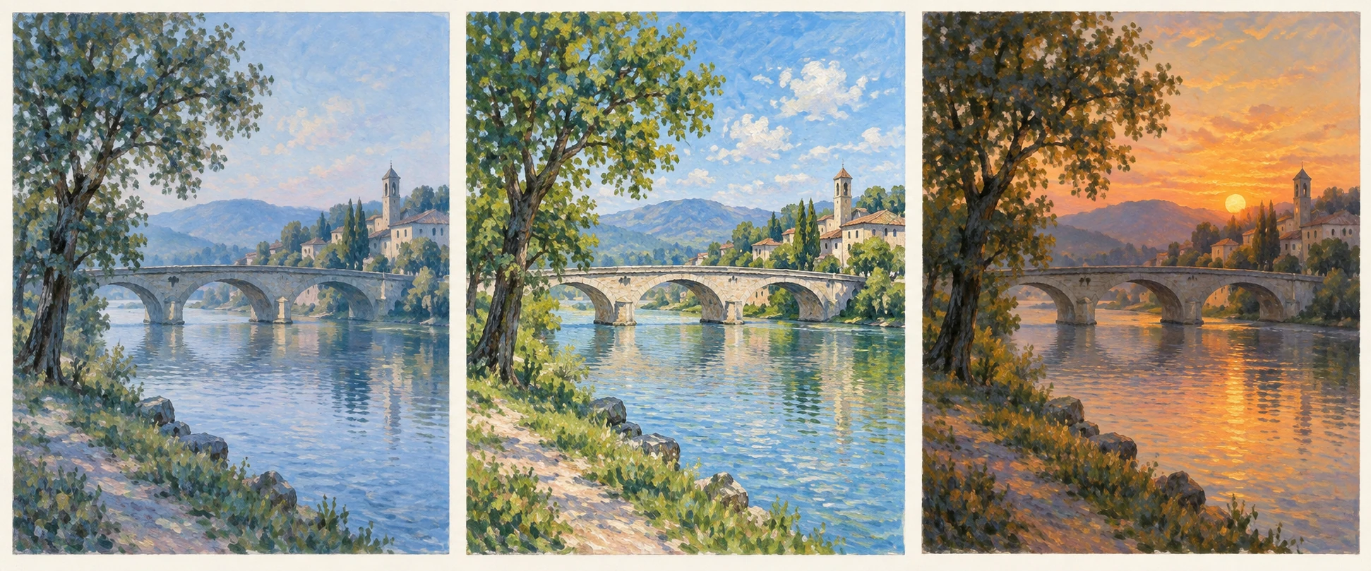 Tre pannelli mostrano lo stesso ponte e paesaggio con colori e ombre diversi; non indicano orari né riproducono tele di Monet.