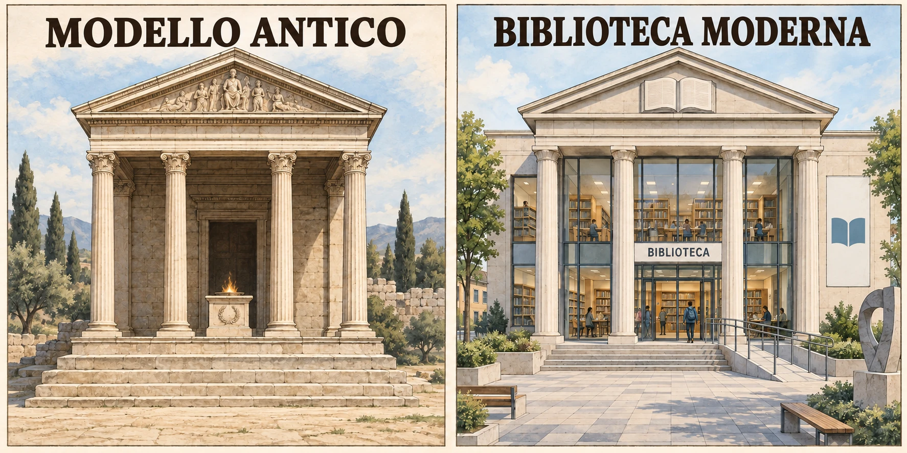 Confronto di edifici immaginati: un tempio antico e una biblioteca moderna riprendono colonne e frontone; la biblioteca mostra vetrate, libri e accesso pubblico.