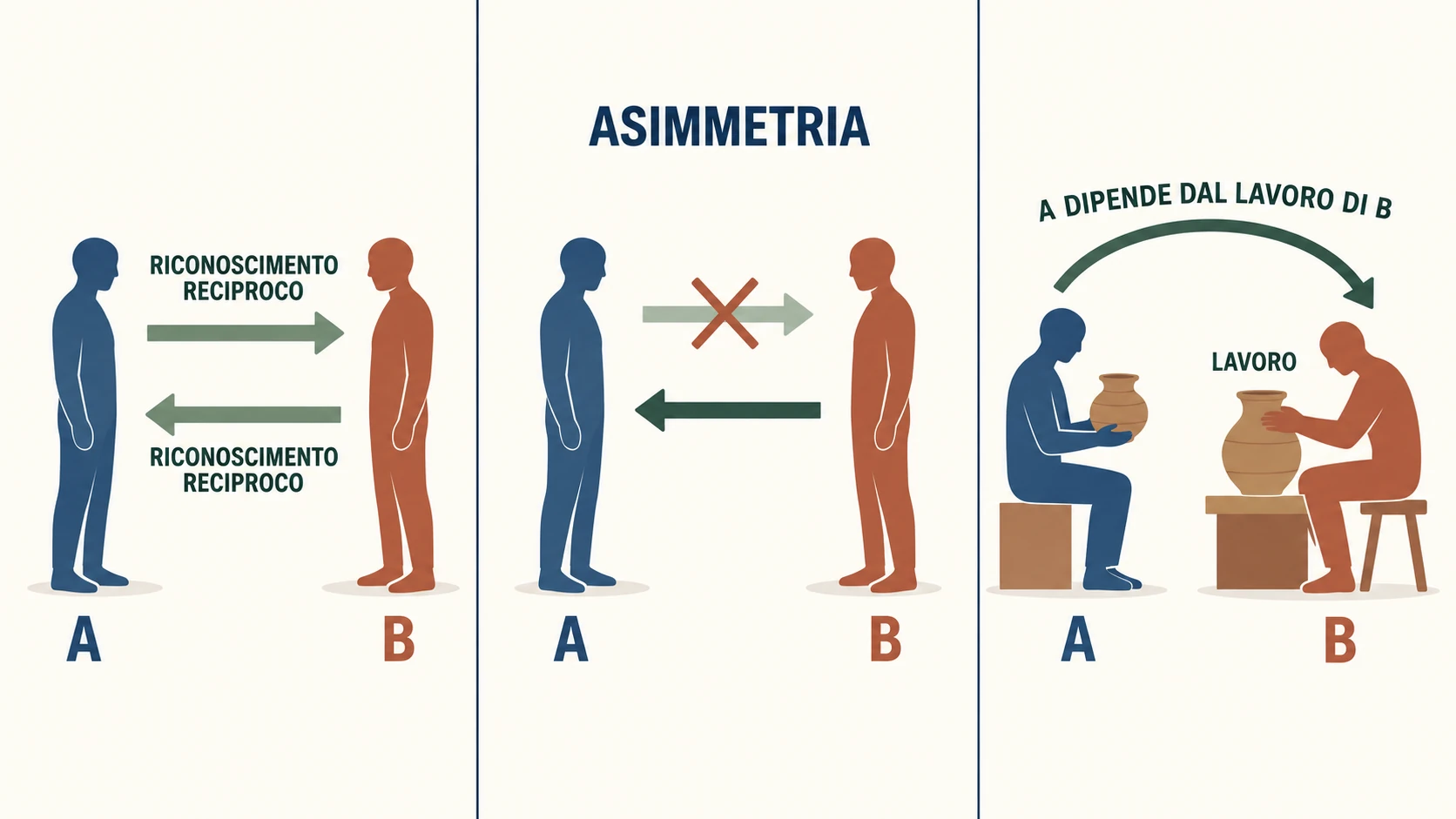 Tre pannelli: riconoscimento reciproco fra A e B, sua asimmetria e dipendenza di A dal lavoro di B; le frecce mostrano le relazioni.