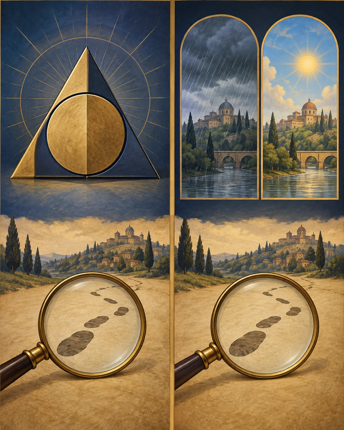 A sinistra forme geometriche bloccate rappresentano una verità necessaria; a destra lo stesso luogo con pioggia o sole mostra due fatti possibili. Una lente percorre tracce in entrambi i pannelli.