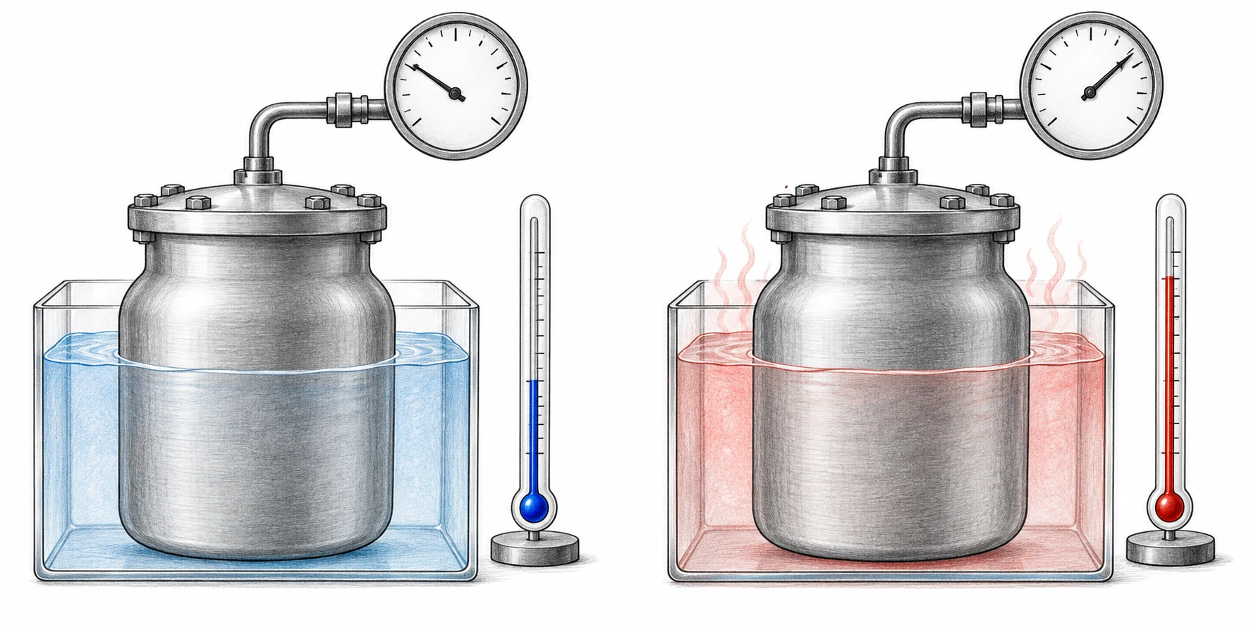 Lo stesso recipiente rigido è immerso prima in un bagno freddo e poi in uno caldo; il termometro e il manometro indicano qualitativamente temperatura e pressione maggiori nel secondo stato.