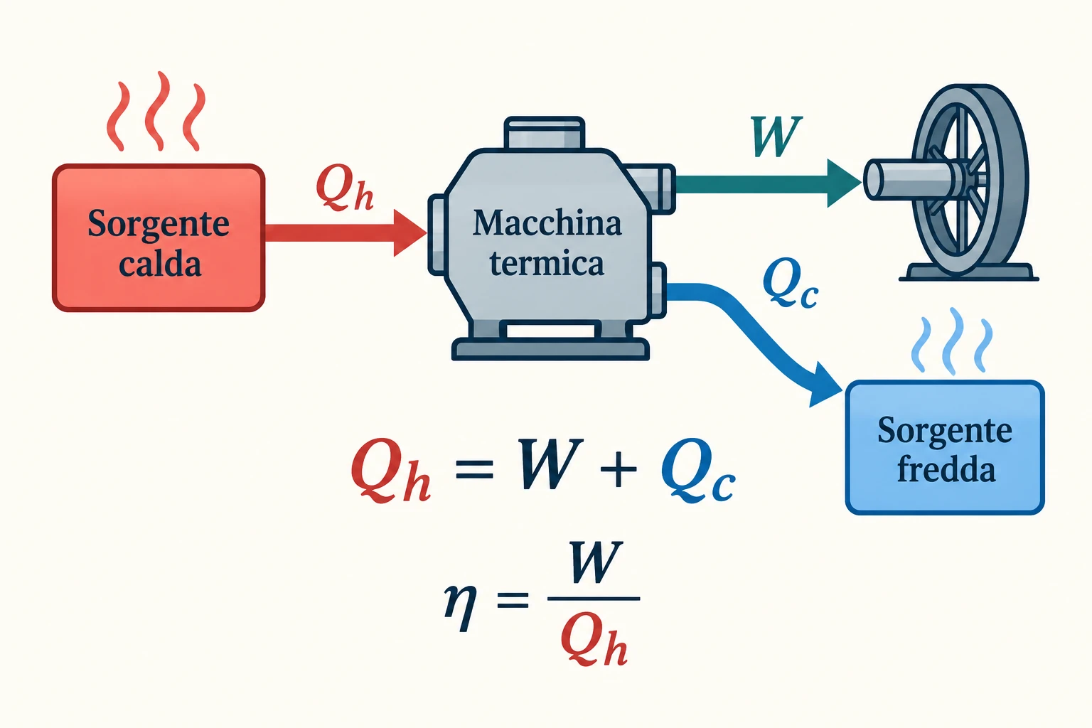 Calore Qh dalla sorgente calda entra nella macchina; lavoro W e calore Qc verso la sorgente fredda escono. Il bilancio Qh=W+Qc e il rendimento η=W/Qh sono scritti sotto.