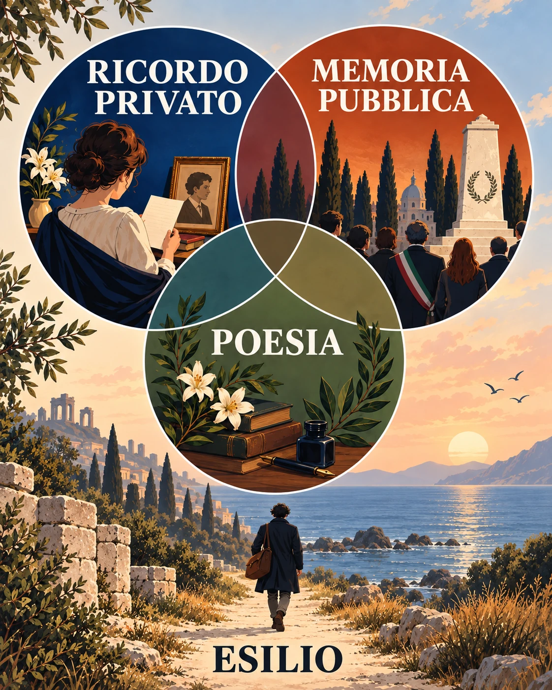 Tre cerchi sovrapposti e leggibili distinguono ricordo privato, memoria pubblica e poesia; sotto, una figura in viaggio indica l'esilio.