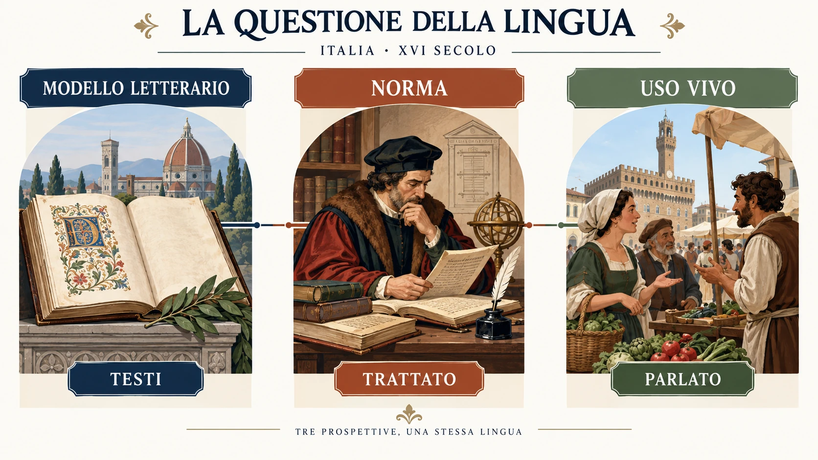 Tres columnas comparan textos literarios elegidos como modelo, tratados de norma y habla cotidiana; ninguna columna equivale por sí sola a las otras.