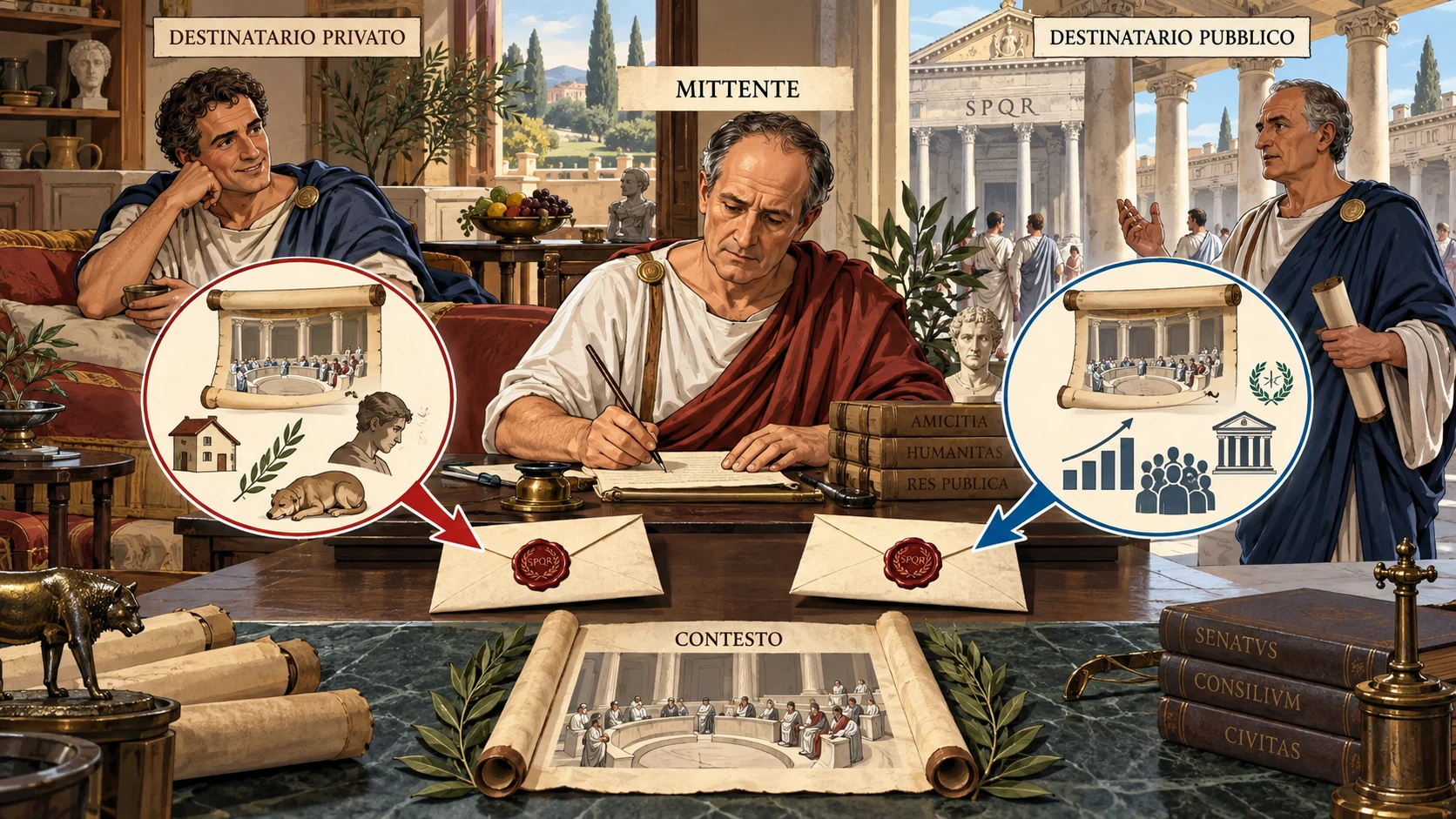 Un mittente romano scrive sullo stesso argomento a un destinatario privato e a uno pubblico; due cerchi mostrano enfasi informative diverse.