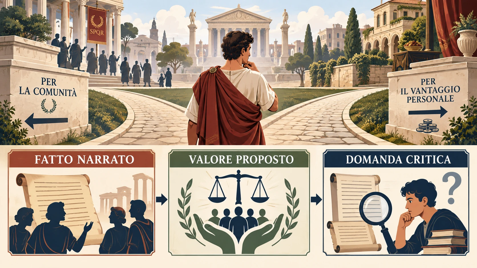 Una scelta civica inventata conduce a tre pannelli distinti: fatto narrato, valore proposto e domanda critica sulle fonti.