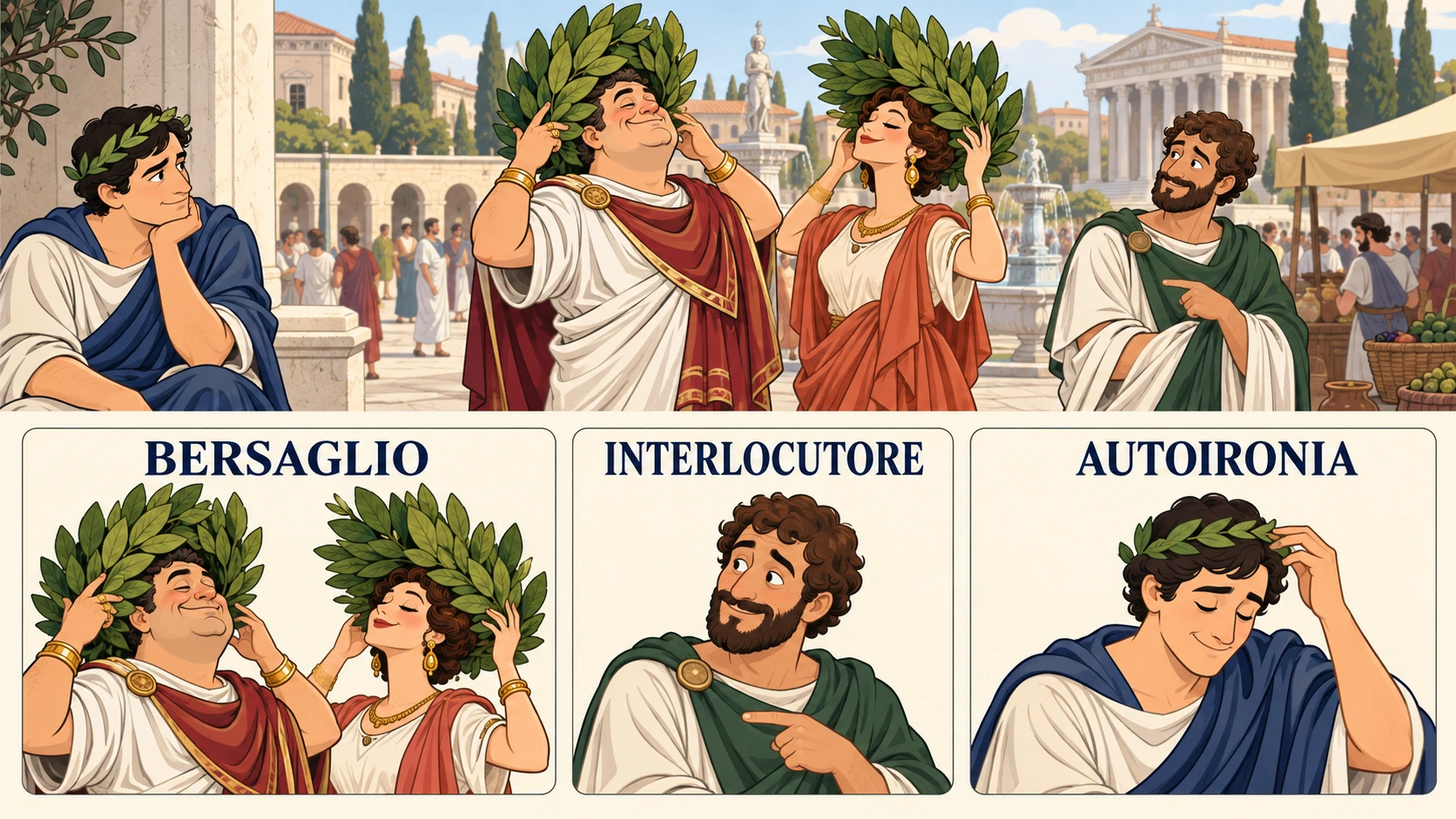 Scena satirica inventata: due figure sfoggiano grandi corone, un interlocutore guarda il narratore e questi scopre di portare una piccola corona.