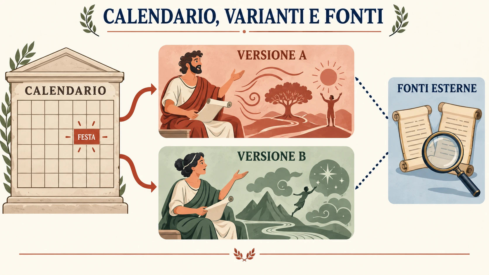 Una festa su un calendario conduce a due racconti alternativi, indicati come versioni A e B, poi a un confronto con fonti esterne.