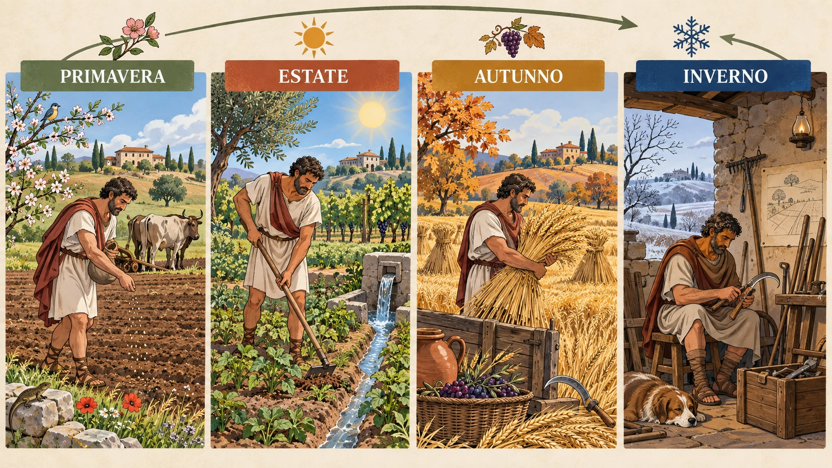 Quattro pannelli stagionali mostrano semina, cura del campo, raccolto e riparazione degli attrezzi; il lavoro cambia con la stagione.