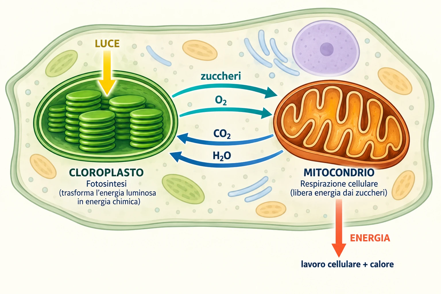Due cicli collegati con frecce di materia e freccia separata per energia luminosa.