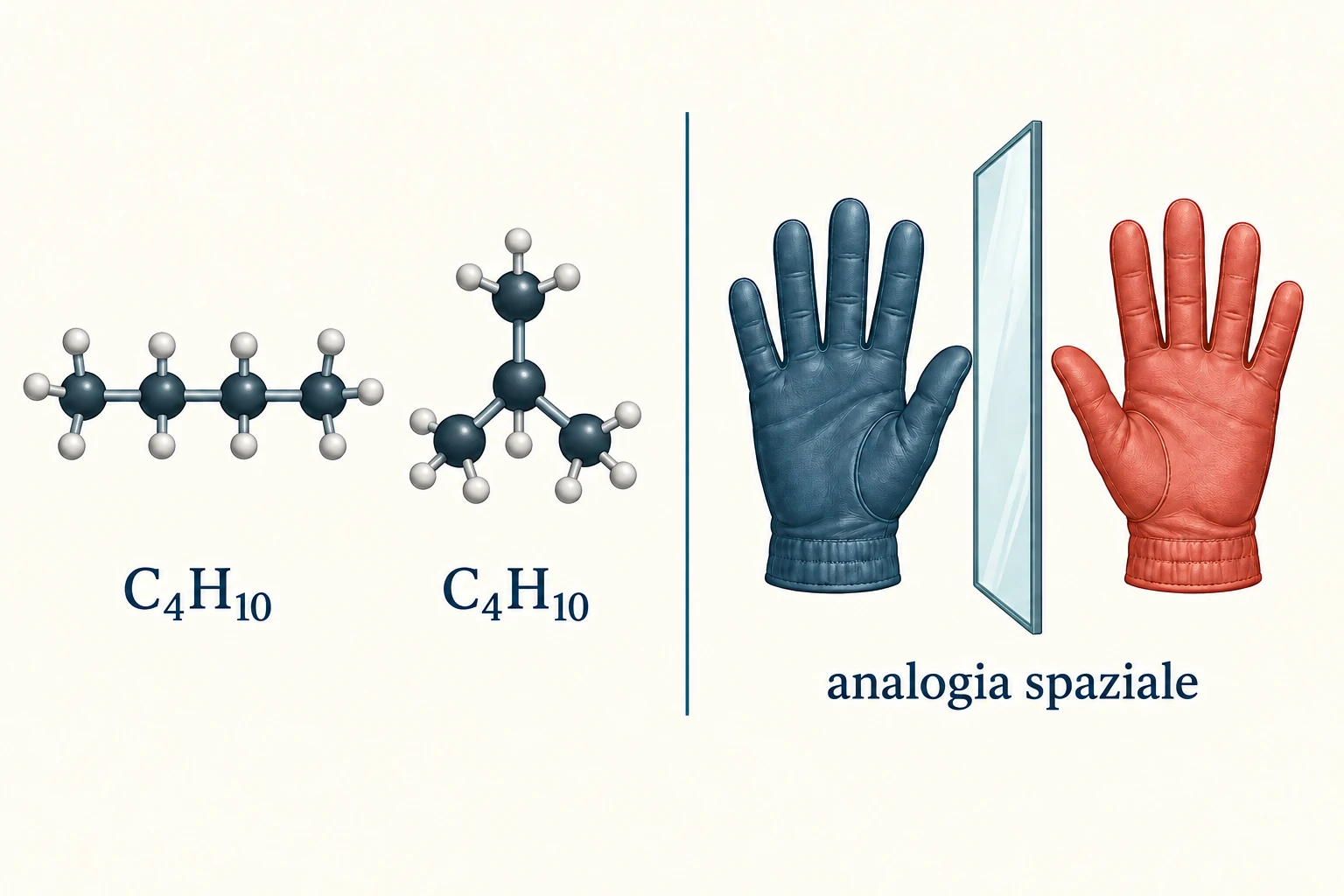 Confronto visivo di due scheletri C₄H₁₀ e di due oggetti speculari non sovrapponibili.