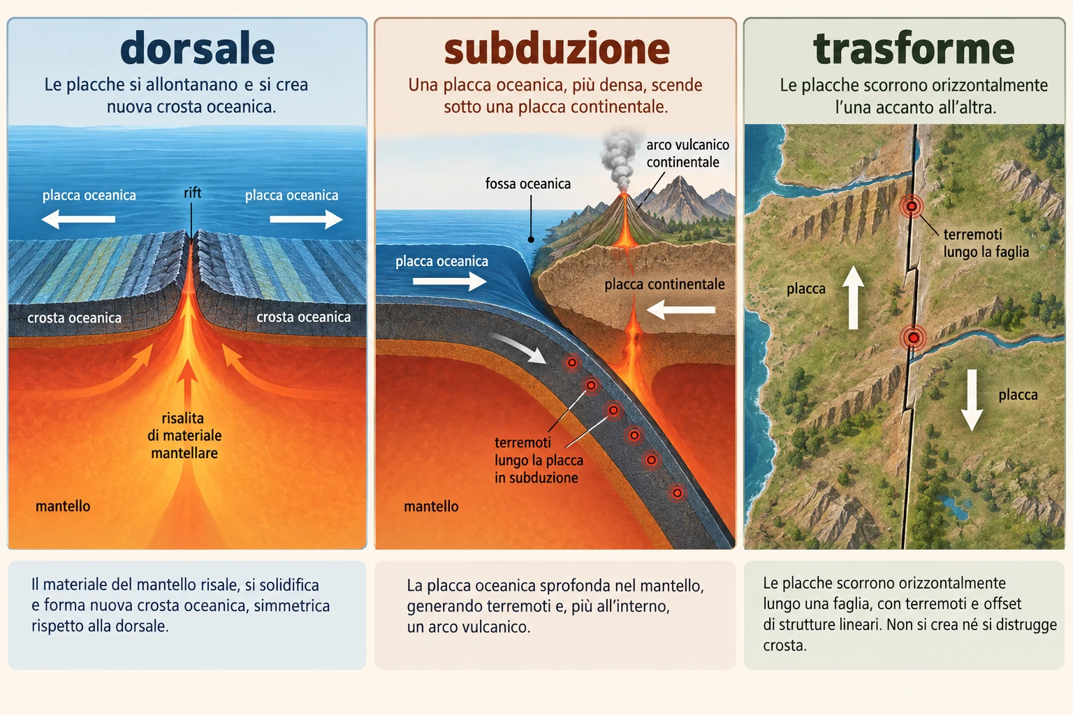 Sezione di dorsale, subduzione e margine trasforme con indizi distinti.