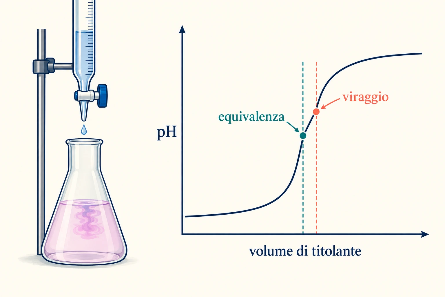 Buretta e curva di titolazione con equivalenza distinta dal viraggio dell'indicatore.