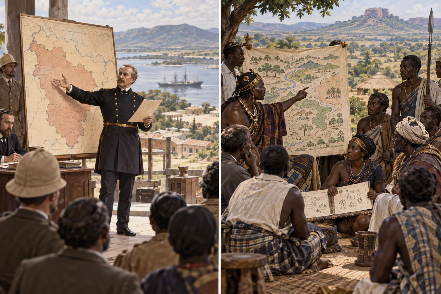 Due scene affiancate: un funzionario coloniale indica una carta colorata e un gruppo locale discute davanti a una propria carta.