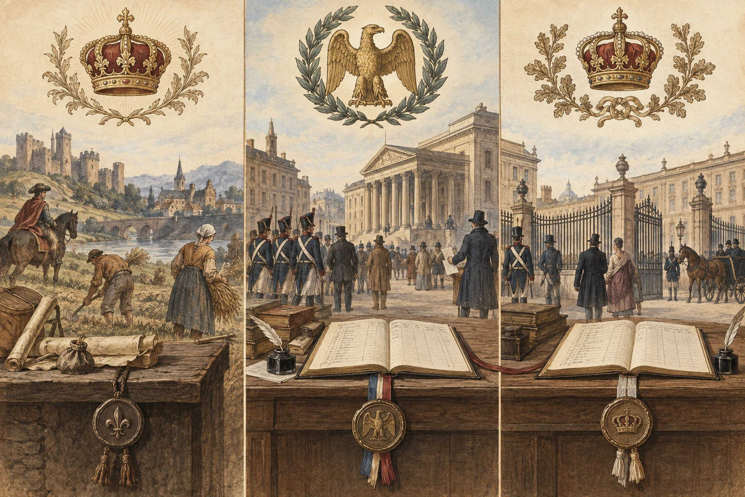 Tre scene: una corona prima, un'aquila nel periodo napoleonico e una corona dopo; due registri catastali simili compaiono nelle ultime scene.