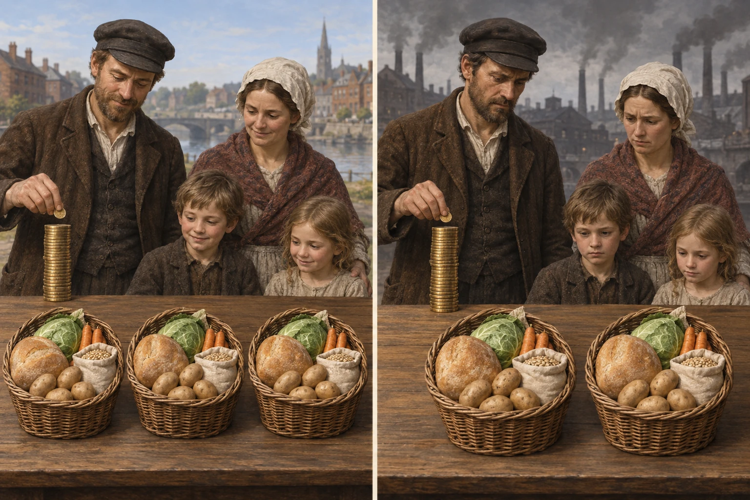 La stessa famiglia operaia osserva tre panieri nella scena di sinistra e due nella scena di destra, davanti a paesaggi urbani diversi.