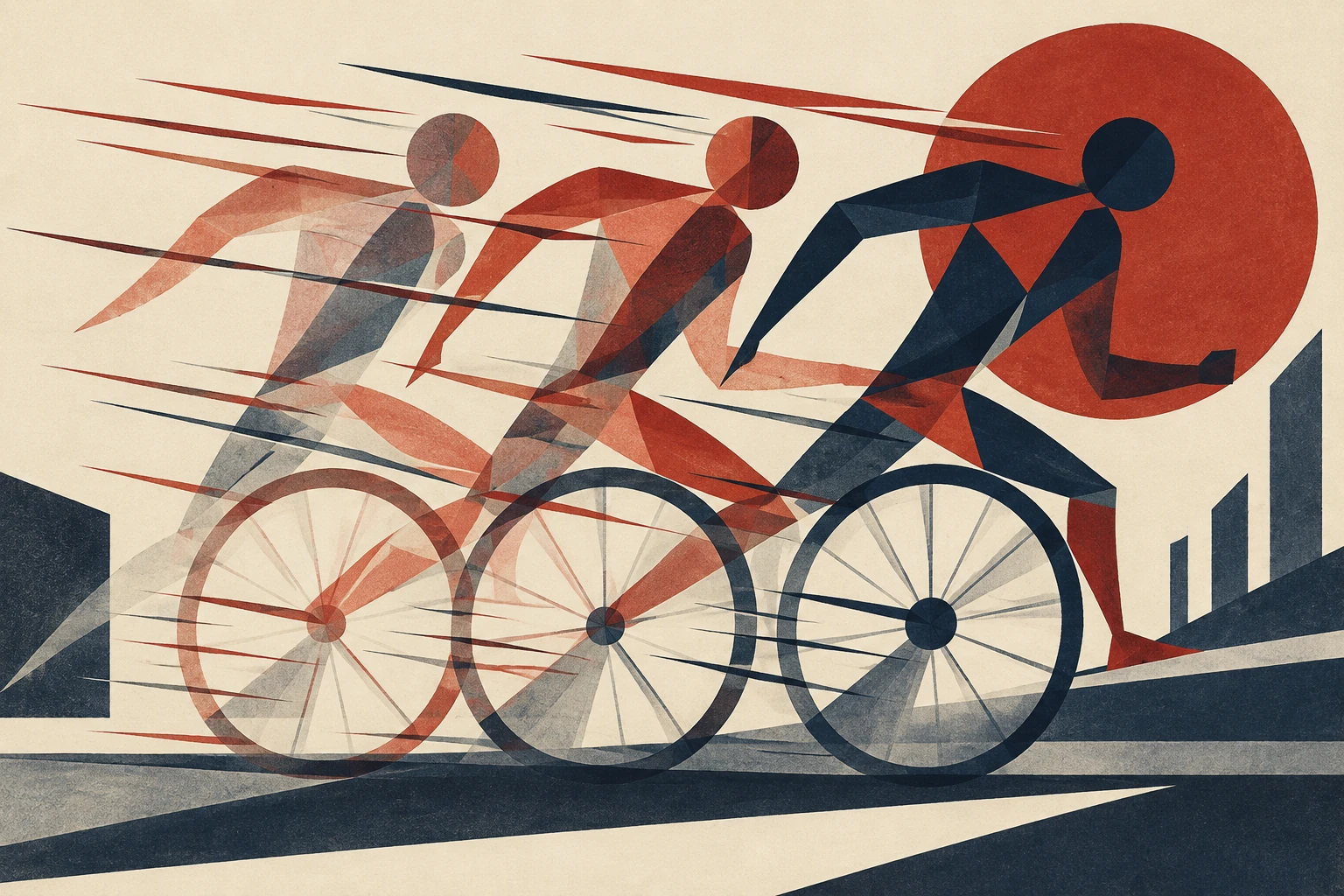 Tre posizioni trasparenti di un ciclista e ruote sovrapposte suggeriscono movimento.