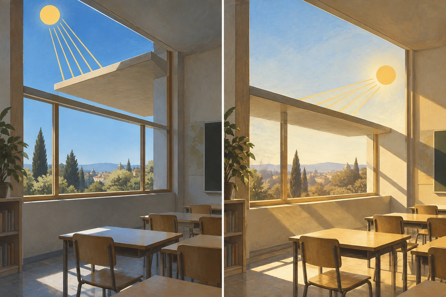 Due viste della stessa aula mostrano l'ombra della pensilina con sole alto e basso.
