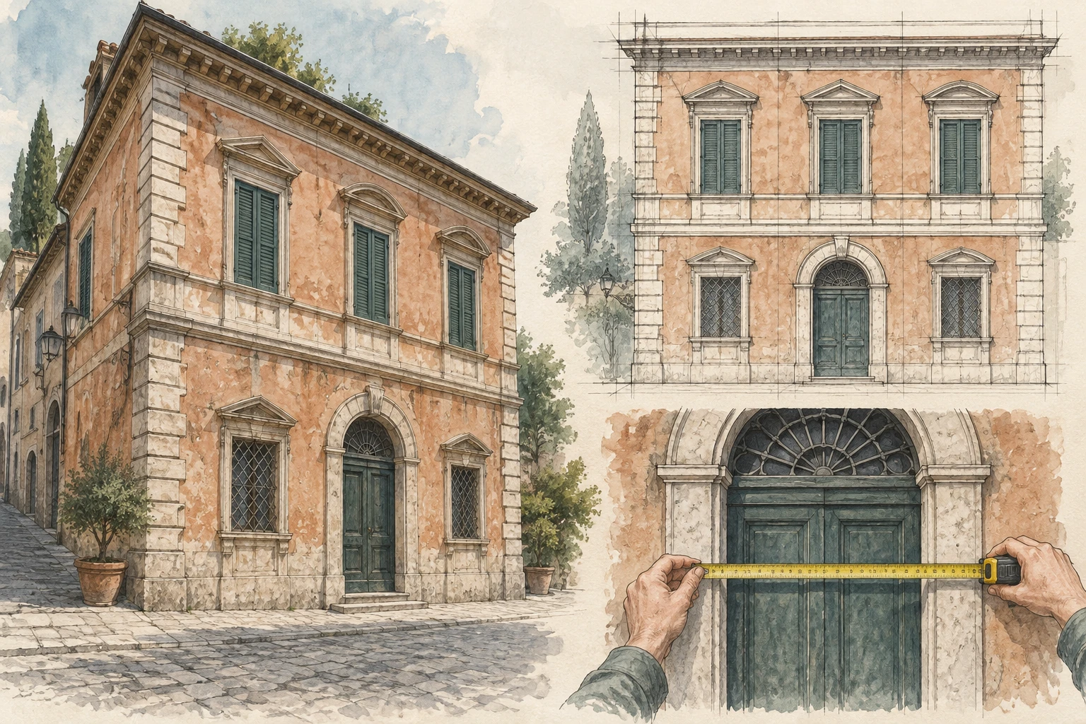 Facciata obliqua, schizzo frontale e mani che misurano una porta.