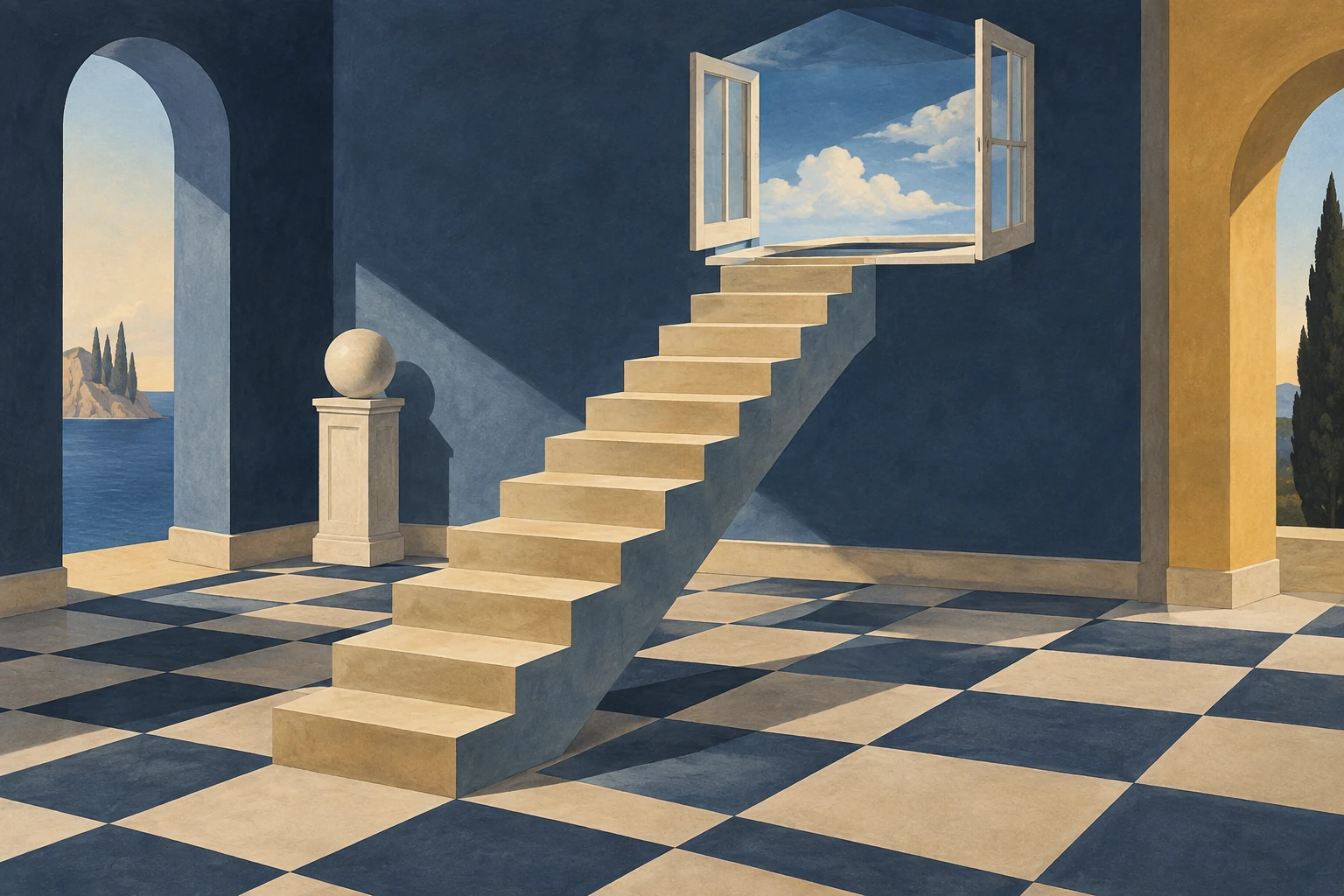 Scala sospesa termina davanti a una finestra aperta in uno spazio impossibile.