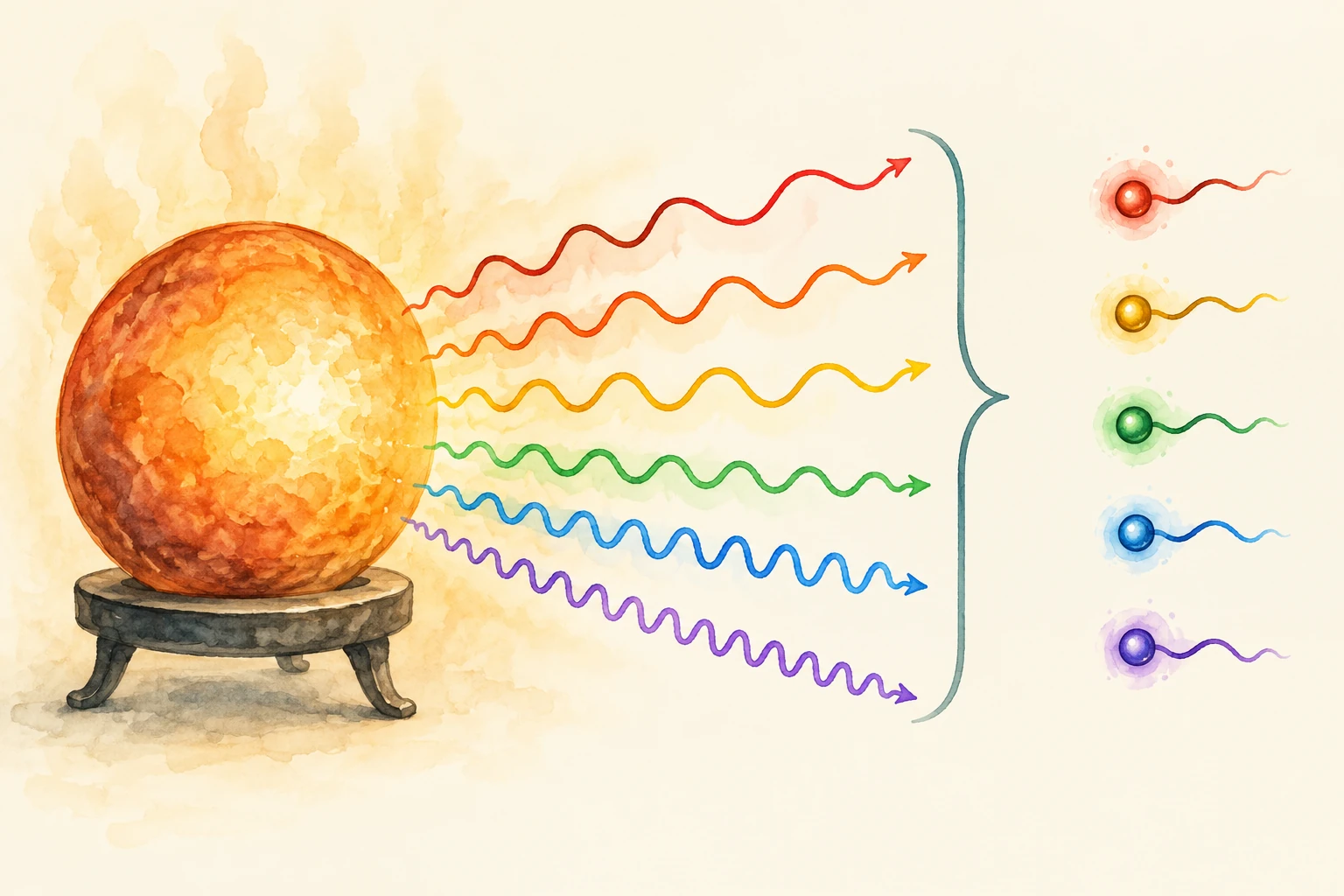 Corpo caldo che emette radiazione e rappresentazione concettuale di pacchetti energetici.