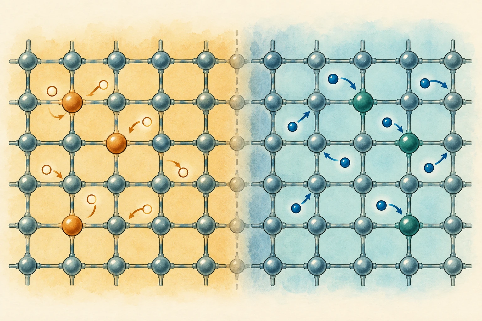 Reticolo cristallino schematizzato con impurità e portatori di carica.
